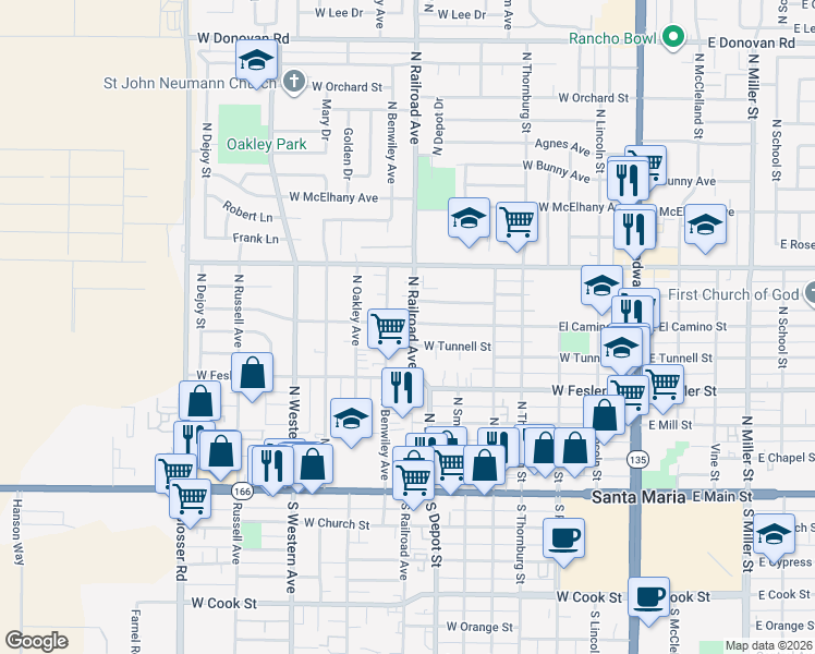 map of restaurants, bars, coffee shops, grocery stores, and more near 600 North Benwiley Avenue in Santa Maria