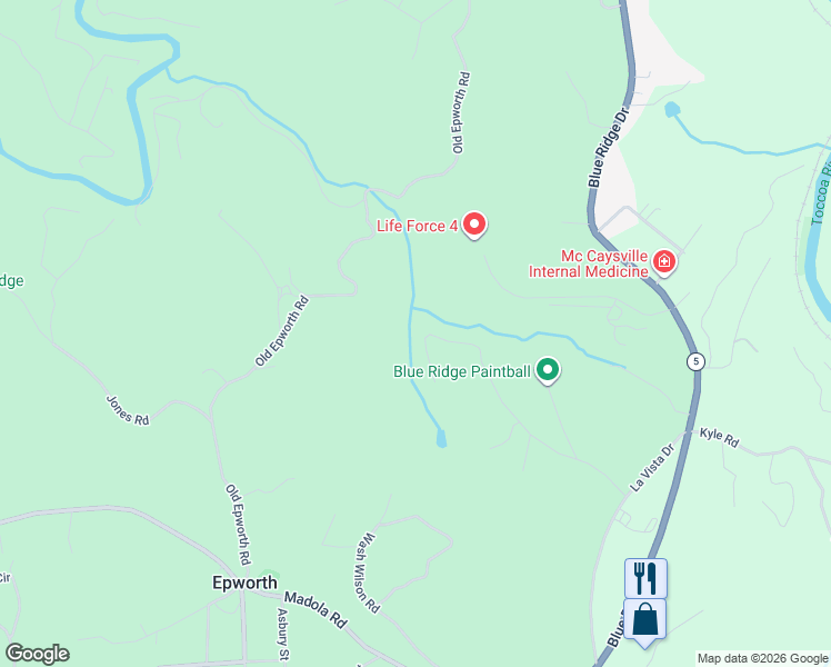map of restaurants, bars, coffee shops, grocery stores, and more near 160 Brookwood Drive in Blue Ridge