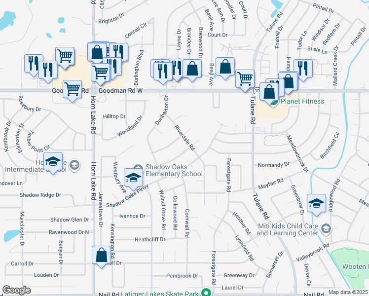 map of restaurants, bars, coffee shops, grocery stores, and more near 3500 Lakehurst Drive in Horn Lake