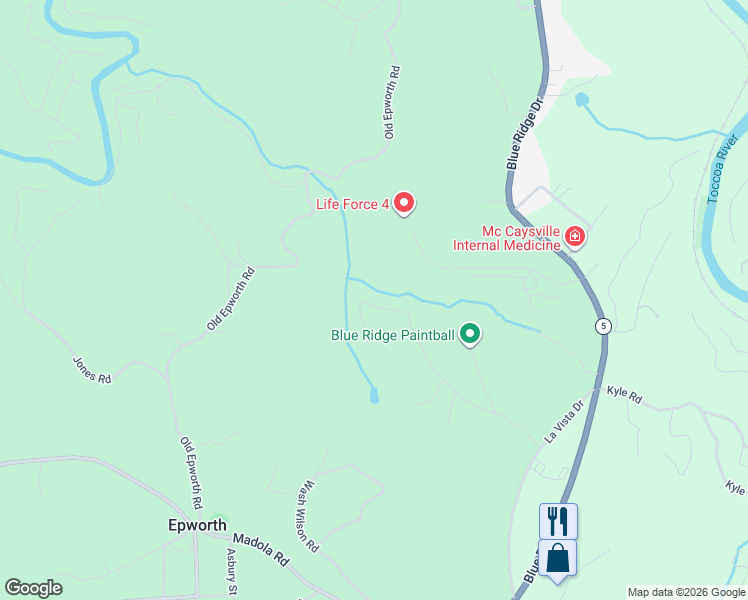 map of restaurants, bars, coffee shops, grocery stores, and more near 160 Brookwood Drive in Blue Ridge