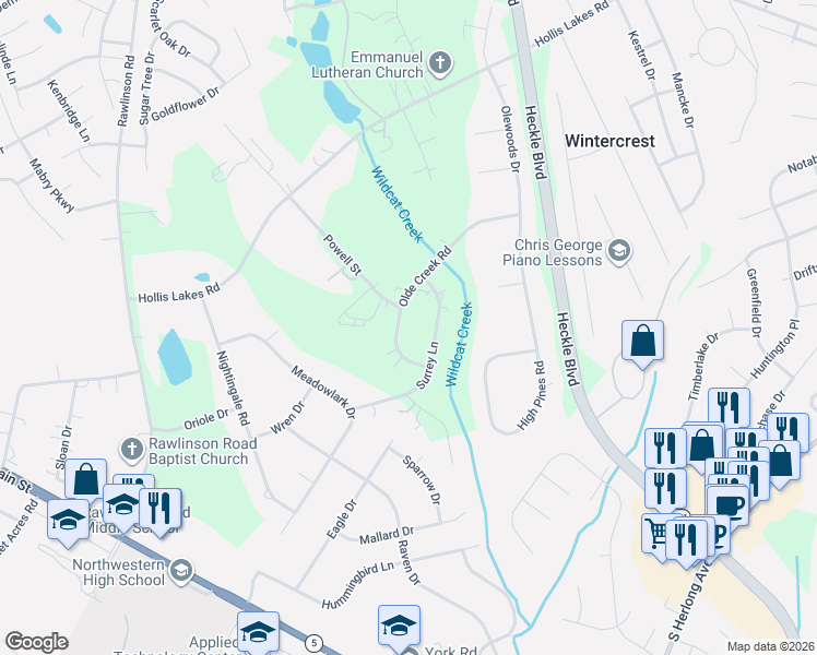 map of restaurants, bars, coffee shops, grocery stores, and more near 2151 Surrey Lane in Rock Hill