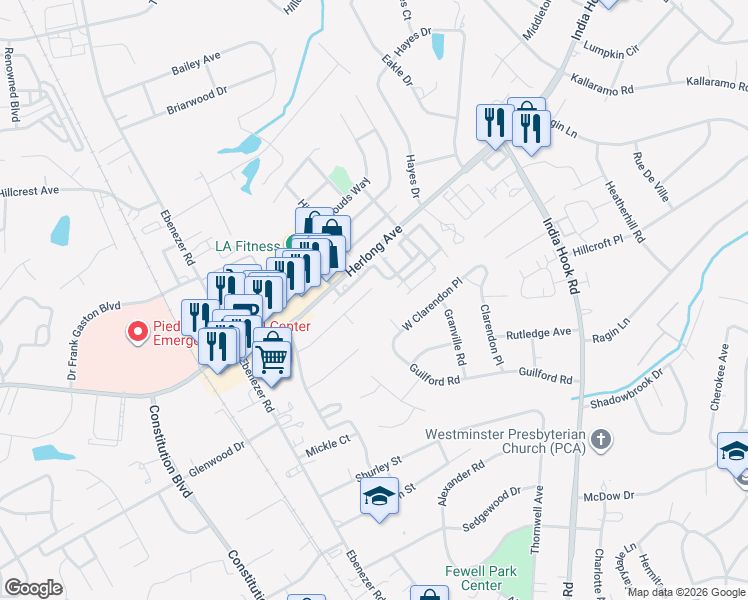 map of restaurants, bars, coffee shops, grocery stores, and more near 299 Ratterree Circle in Rock Hill