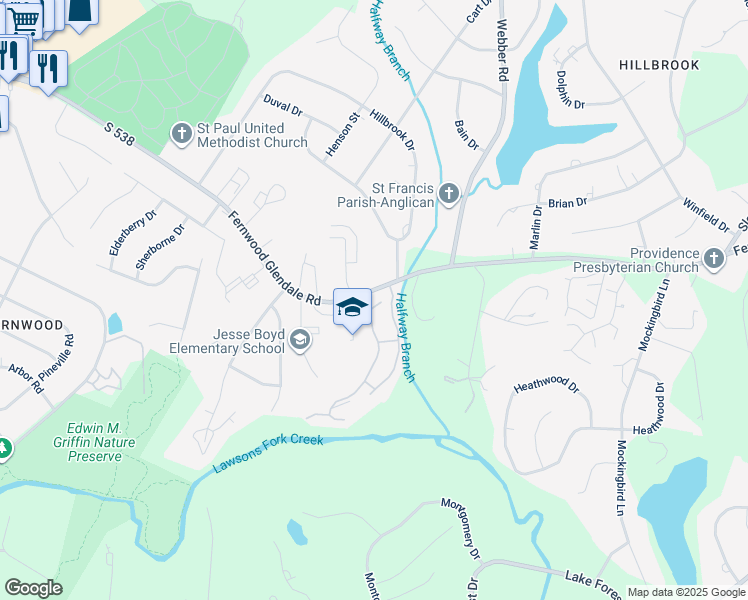 map of restaurants, bars, coffee shops, grocery stores, and more near 3 Overview Terrace in Spartanburg