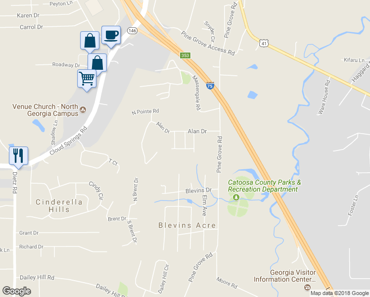 map of restaurants, bars, coffee shops, grocery stores, and more near 64 Sunny Lane in Ringgold