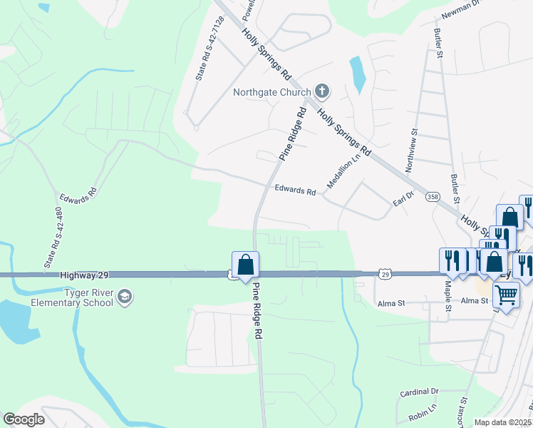 map of restaurants, bars, coffee shops, grocery stores, and more near 409 Madison Creek Court in Lyman