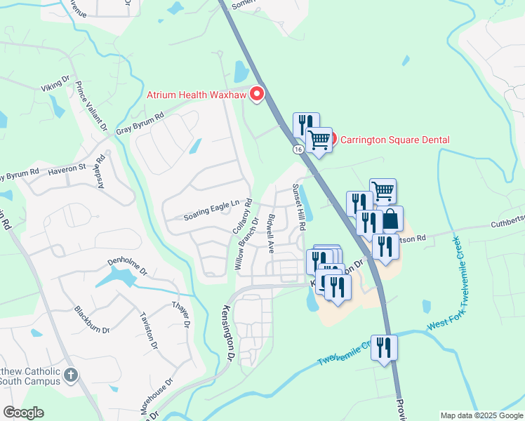 map of restaurants, bars, coffee shops, grocery stores, and more near 8200 Soaring Eagle Lane in Waxhaw