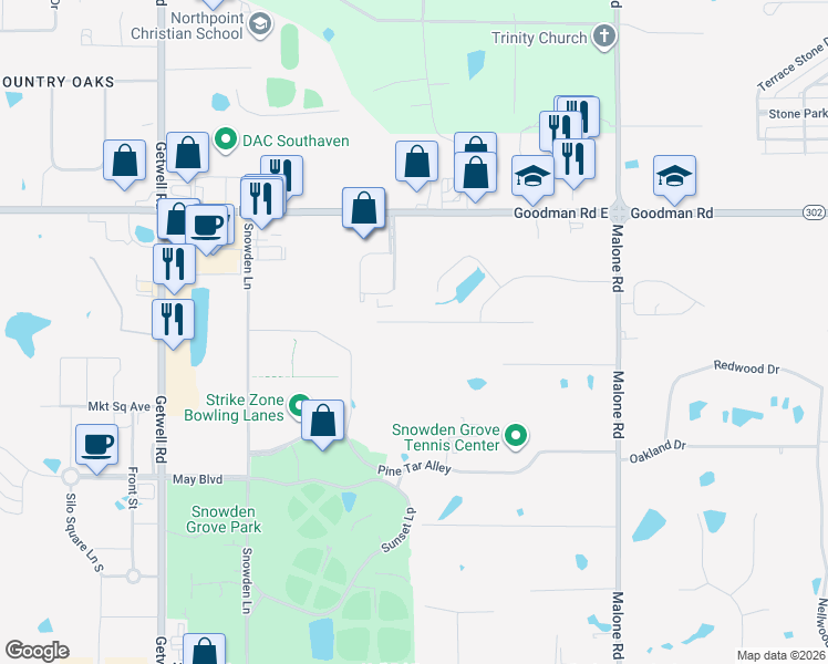 map of restaurants, bars, coffee shops, grocery stores, and more near 6851 Tanner's Way Cove in Southaven