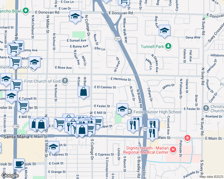 map of restaurants, bars, coffee shops, grocery stores, and more near 923 East El Camino Street in Santa Maria