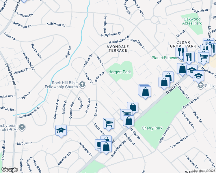map of restaurants, bars, coffee shops, grocery stores, and more near 1142 McKinnon Drive in Rock Hill
