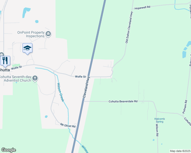 map of restaurants, bars, coffee shops, grocery stores, and more near 5112 Cleveland Highway in Cohutta