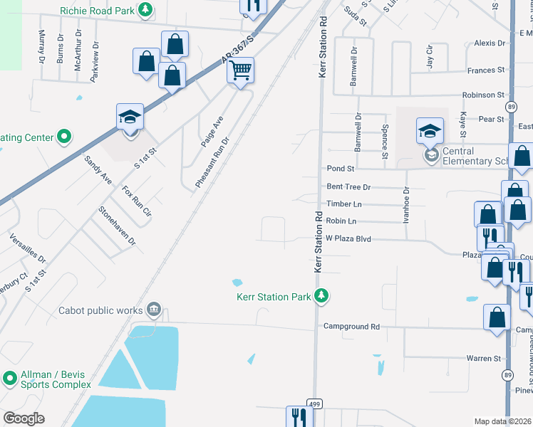 map of restaurants, bars, coffee shops, grocery stores, and more near 18 Bobby Circle in Cabot