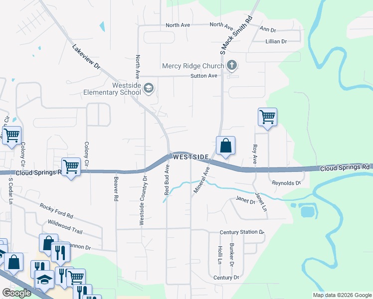 map of restaurants, bars, coffee shops, grocery stores, and more near 2237 Cloud Springs Road in Rossville