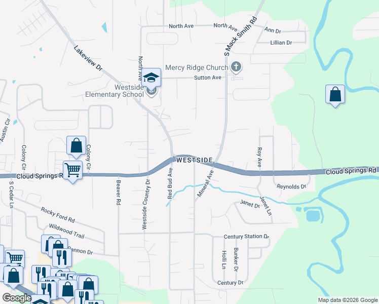 map of restaurants, bars, coffee shops, grocery stores, and more near 2237 Cloud Springs Road in Rossville