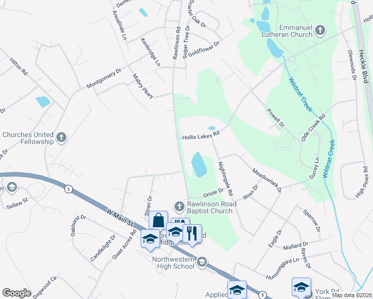 map of restaurants, bars, coffee shops, grocery stores, and more near 975 Hollis Lakes Road in Rock Hill