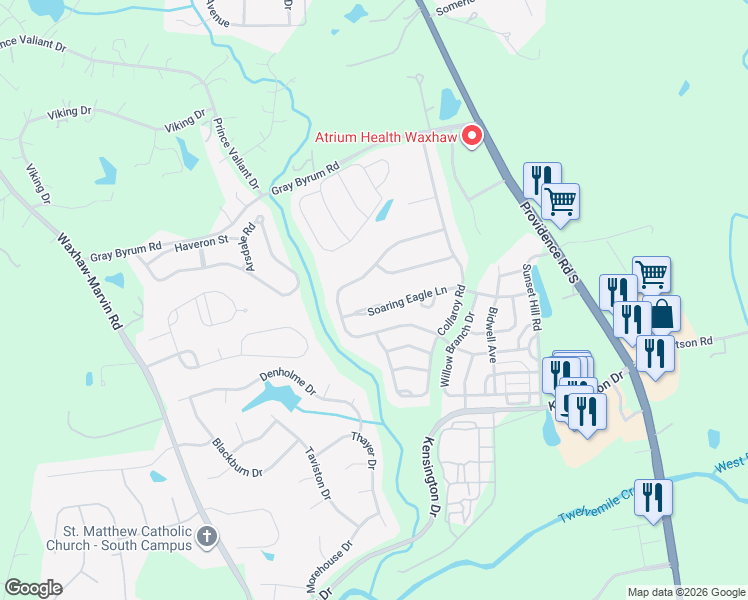 map of restaurants, bars, coffee shops, grocery stores, and more near 8712 Soaring Eagle Lane in Waxhaw