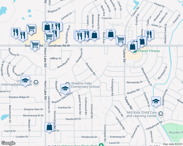 map of restaurants, bars, coffee shops, grocery stores, and more near 3480 Lakehurst Drive in Horn Lake