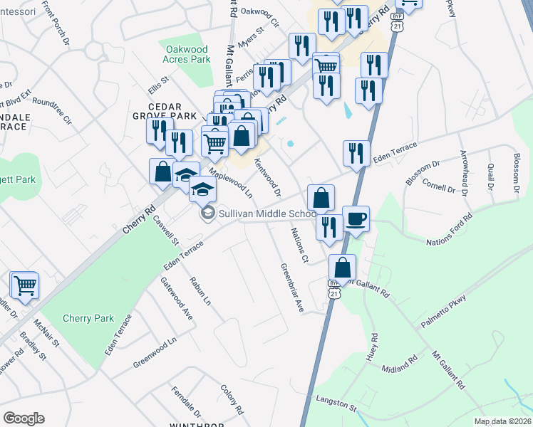 map of restaurants, bars, coffee shops, grocery stores, and more near 1954 Eden Terrace in Rock Hill