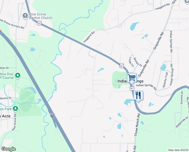 map of restaurants, bars, coffee shops, grocery stores, and more near 253 Foster Road in Ringgold