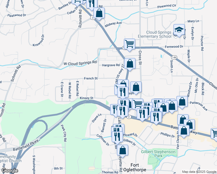 map of restaurants, bars, coffee shops, grocery stores, and more near 109 Christ Street in Fort Oglethorpe