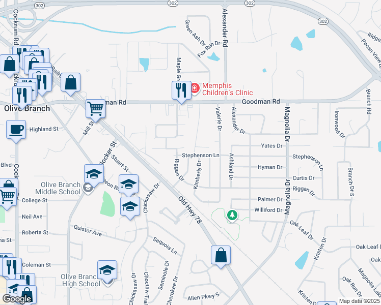 map of restaurants, bars, coffee shops, grocery stores, and more near 6783 Maury Drive in Olive Branch