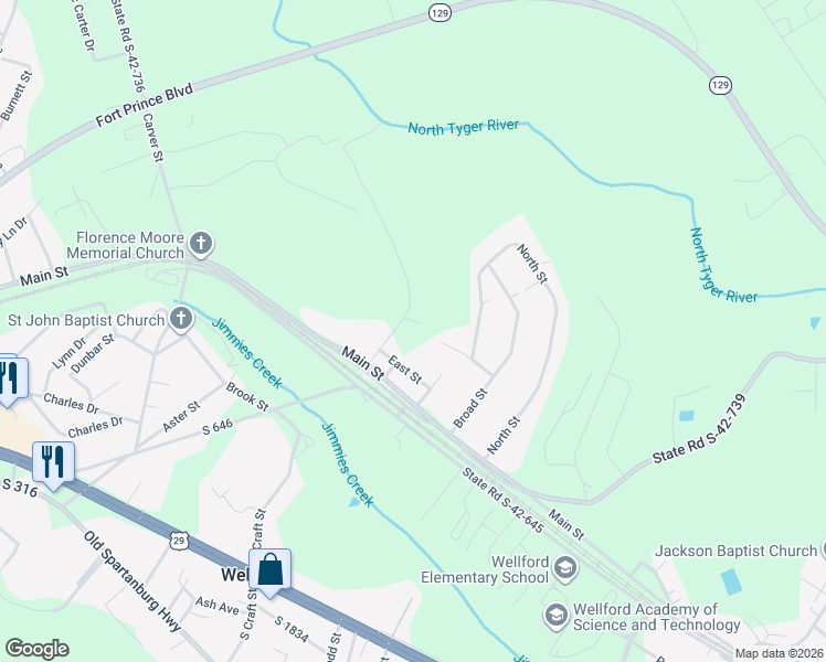 map of restaurants, bars, coffee shops, grocery stores, and more near 35 Simmons Court in Wellford