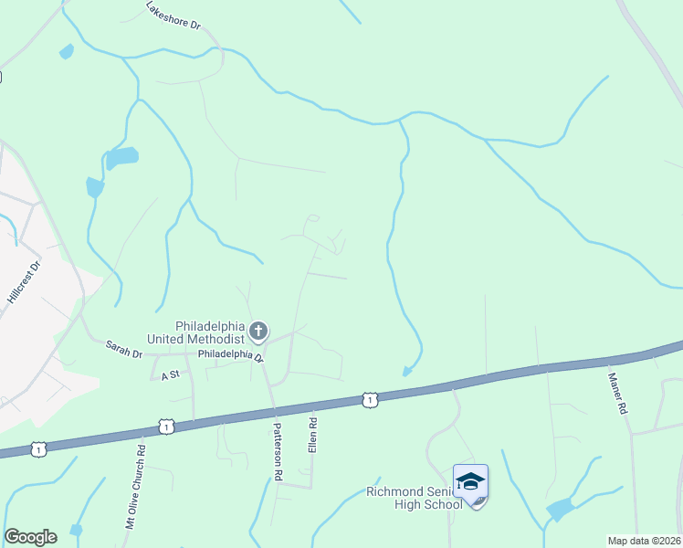 map of restaurants, bars, coffee shops, grocery stores, and more near 119 Charann Lane in Rockingham