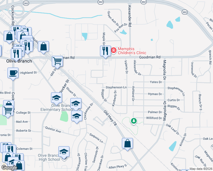 map of restaurants, bars, coffee shops, grocery stores, and more near 9817 Dogwood Court East in Olive Branch