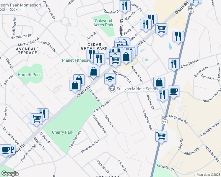 map of restaurants, bars, coffee shops, grocery stores, and more near 1825 Eden Terrace in Rock Hill