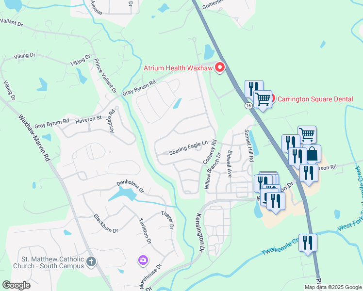 map of restaurants, bars, coffee shops, grocery stores, and more near 8700 Soaring Eagle Lane in Waxhaw