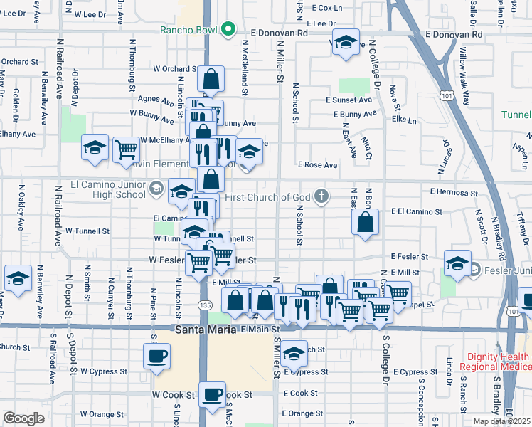 map of restaurants, bars, coffee shops, grocery stores, and more near 313 East El Camino Street in Santa Maria