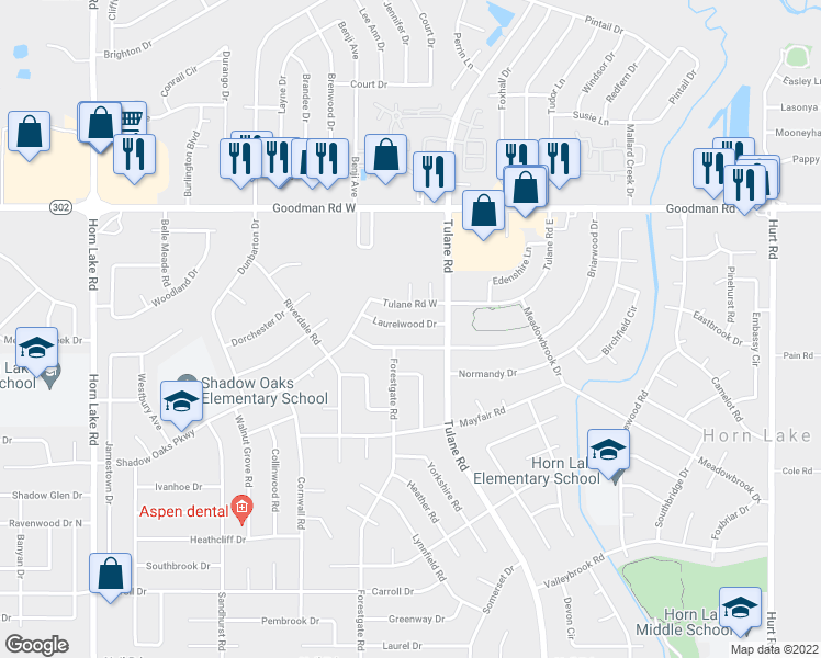 map of restaurants, bars, coffee shops, grocery stores, and more near 3415 Laurelwood Drive in Horn Lake