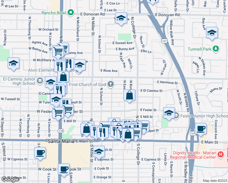 map of restaurants, bars, coffee shops, grocery stores, and more near 600 North Elizabeth Street in Santa Maria