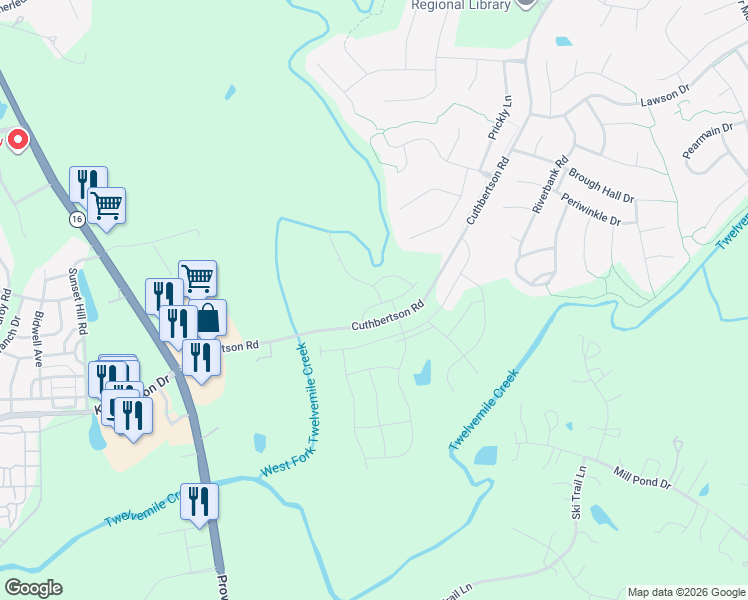 map of restaurants, bars, coffee shops, grocery stores, and more near 2122 Cuthbertson Road in Waxhaw