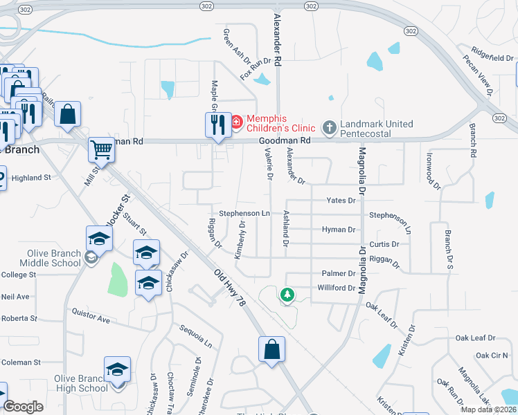 map of restaurants, bars, coffee shops, grocery stores, and more near 9940 Stephenson Lane in Olive Branch