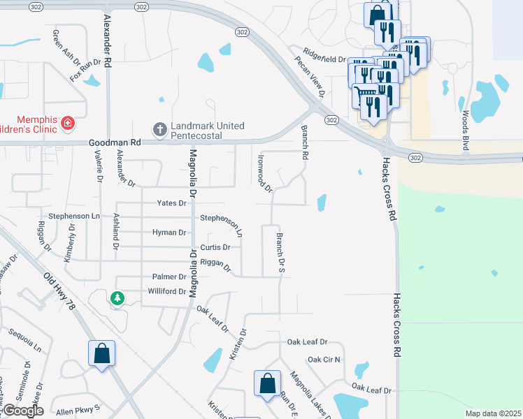 map of restaurants, bars, coffee shops, grocery stores, and more near 10395 Catalpa Cove in Olive Branch