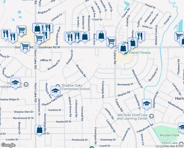 map of restaurants, bars, coffee shops, grocery stores, and more near 3390 Shadow Oaks Parkway in Horn Lake