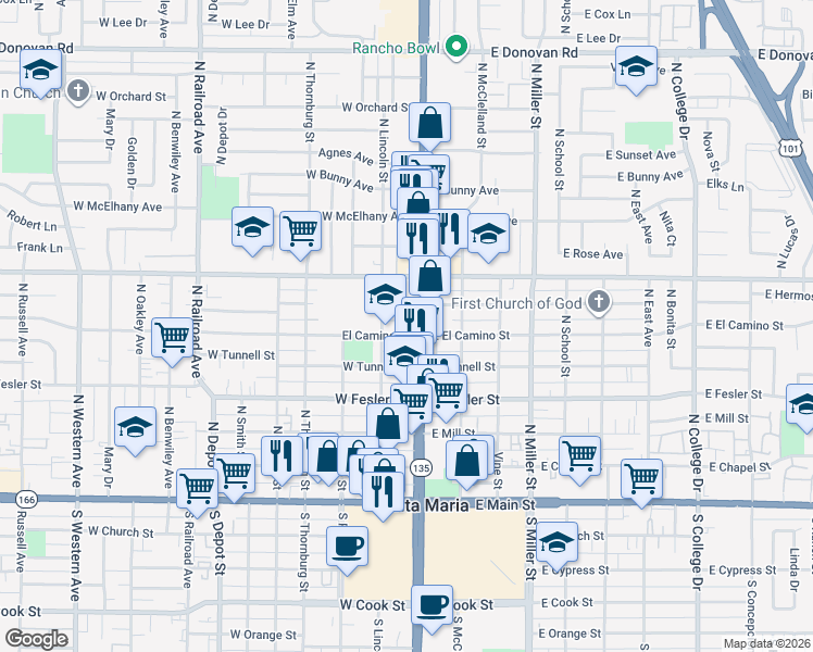 map of restaurants, bars, coffee shops, grocery stores, and more near 607 North Broadway in Santa Maria
