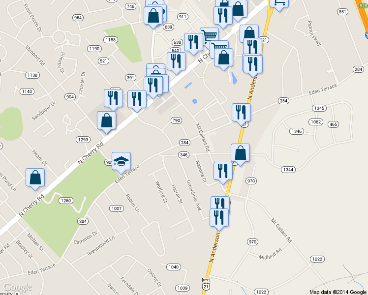 map of restaurants, bars, coffee shops, grocery stores, and more near 1954 Eden Terrace in Rock Hill