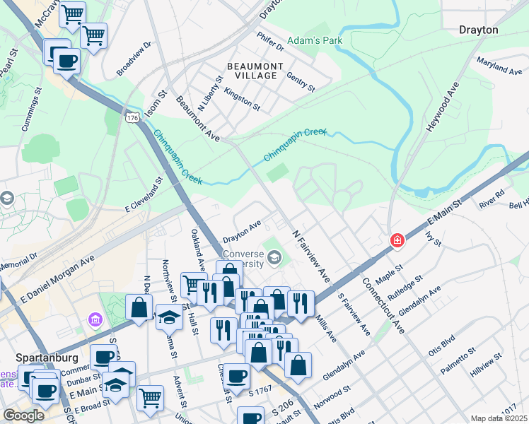 map of restaurants, bars, coffee shops, grocery stores, and more near 564 Drayton Avenue in Spartanburg