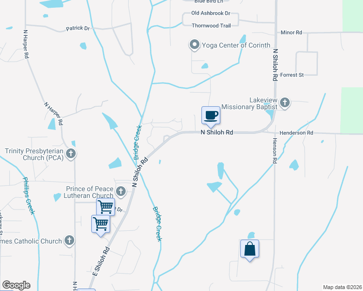 map of restaurants, bars, coffee shops, grocery stores, and more near 4602 North Shiloh Road in Corinth