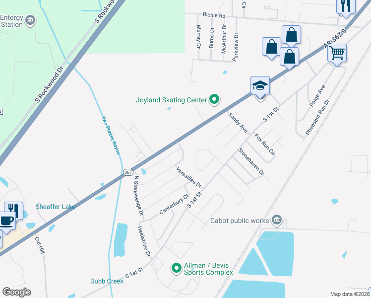 map of restaurants, bars, coffee shops, grocery stores, and more near 2404 Palisade Drive in Cabot