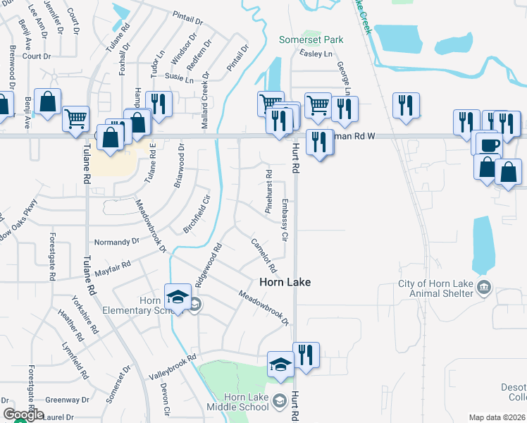 map of restaurants, bars, coffee shops, grocery stores, and more near 6755 Pinehurst Road in Horn Lake