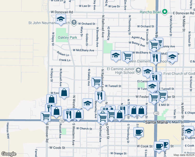 map of restaurants, bars, coffee shops, grocery stores, and more near 600 North Benwiley Avenue in Santa Maria