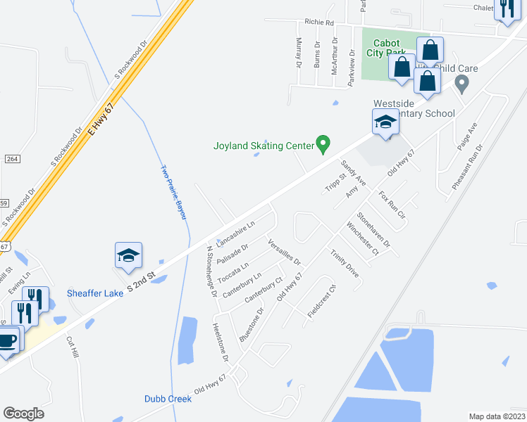 map of restaurants, bars, coffee shops, grocery stores, and more near 2403 Lancashire Lane in Cabot