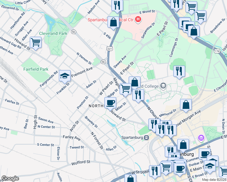 map of restaurants, bars, coffee shops, grocery stores, and more near 154 Ridge Street in Spartanburg