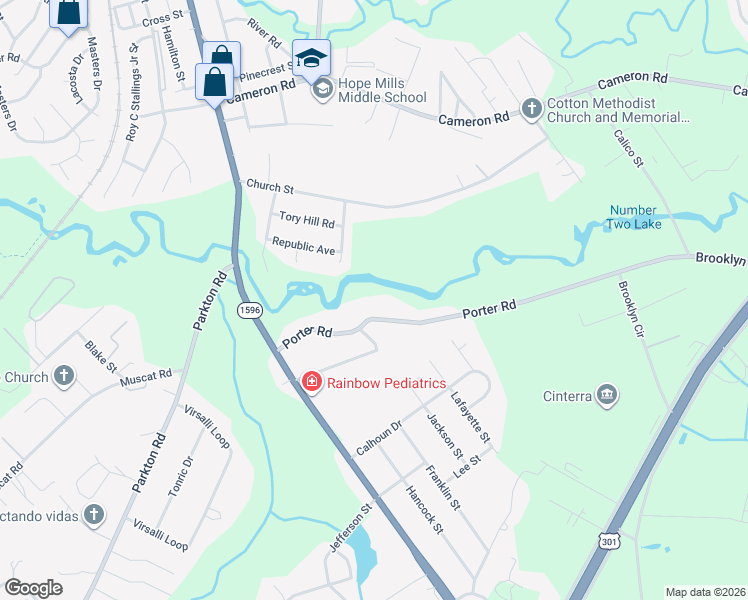 map of restaurants, bars, coffee shops, grocery stores, and more near 632 Porter Road in Hope Mills