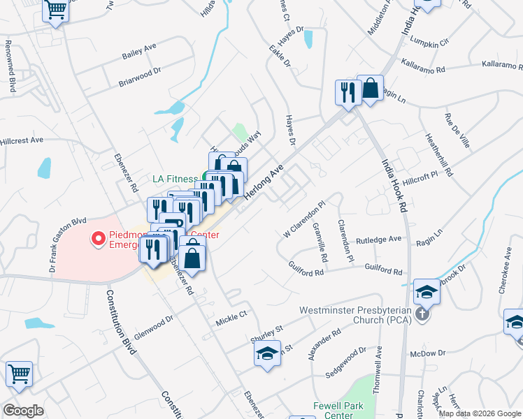 map of restaurants, bars, coffee shops, grocery stores, and more near 299 Ratterree Circle in Rock Hill