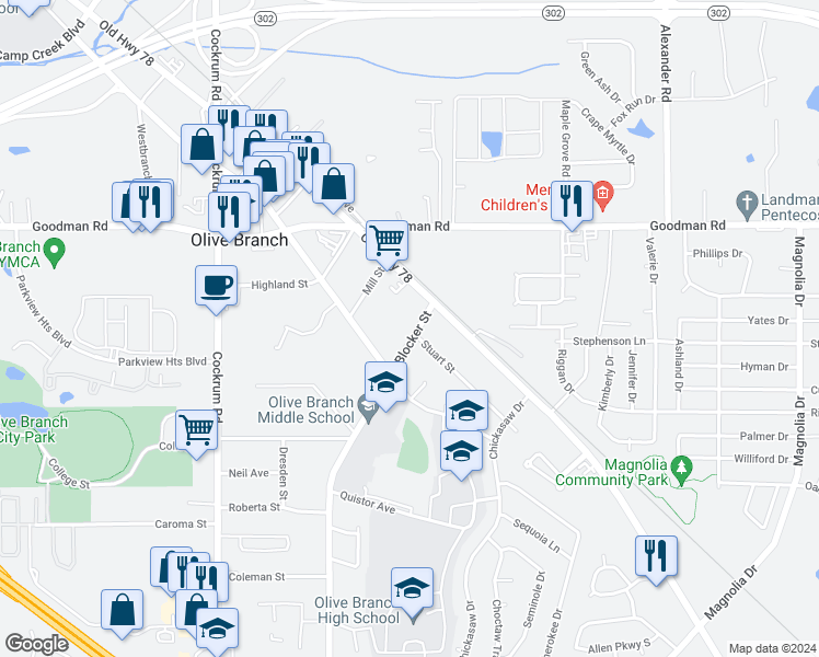 map of restaurants, bars, coffee shops, grocery stores, and more near 6775 Blocker Street in Olive Branch