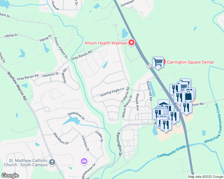 map of restaurants, bars, coffee shops, grocery stores, and more near 8700 Soaring Eagle Lane in Waxhaw