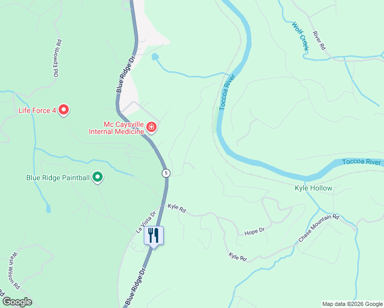 map of restaurants, bars, coffee shops, grocery stores, and more near 178 Riverview Lane in Blue Ridge